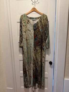 bryn Walker Liliana Multi-Color Long Sleeve Maxi Dress in Aqua, Brown and Cream
